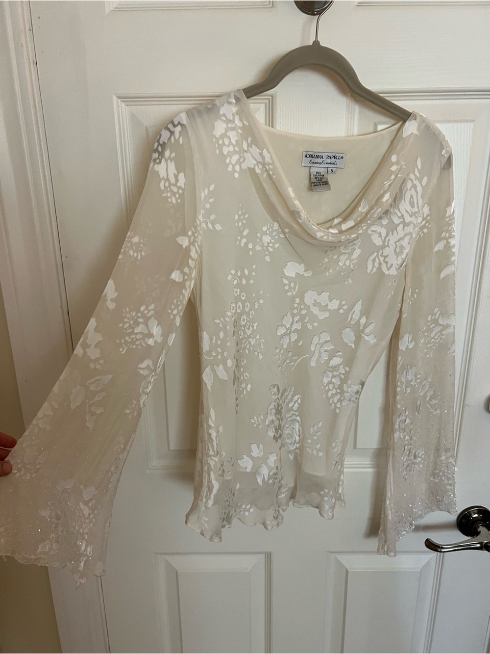 Adrianna Papell Ivory Sheer Floral Cowl Neck Blouse